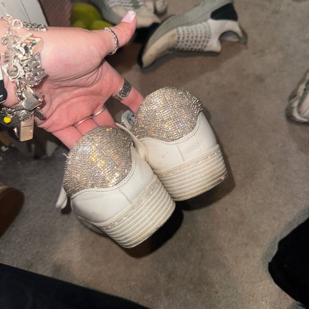Women's White and Silver Embellished Sneakers